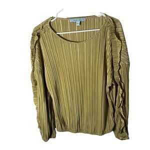 Blue Sol Blouse Women's Large Green Ruffle Pleated Long Sleeve Top Shirt